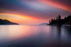 une magnifique le coucher du soleil plus de le l'eau. généré par ai photo