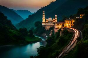 une magnifique mosquée est assis sur le côté de une rivière. généré par ai photo