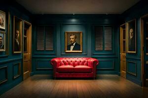 une pièce avec une rouge canapé et des photos de présidents. généré par ai
