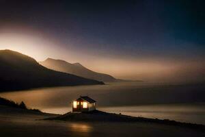 une petit maison est assis sur le plage à nuit. généré par ai photo