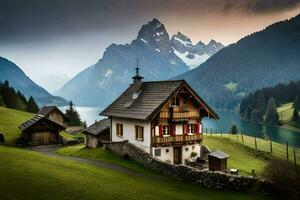 le maison dans le montagnes. généré par ai photo