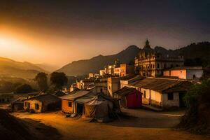 une village à le coucher du soleil dans le montagnes. généré par ai photo