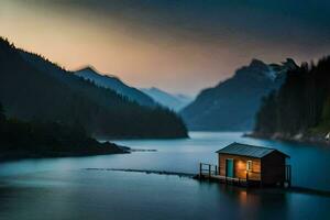 une petit cabine est assis sur le bord de une lac. généré par ai photo