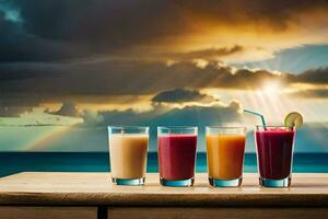 quatre des lunettes de jus sur une table avec le Soleil réglage derrière eux. généré par ai photo