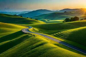 le route à le le coucher du soleil. généré par ai photo