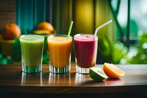 Trois différent les types de smoothies sur une tableau. généré par ai photo