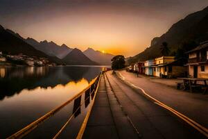 une route de premier plan à une Lac à le coucher du soleil. généré par ai photo