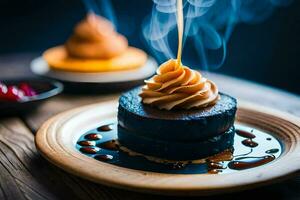 une Chocolat gâteau avec caramel sauce étant versé sur Haut. généré par ai photo