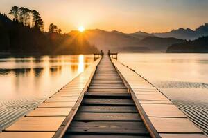 une en bois jetée élongation en dehors dans le l'eau à le coucher du soleil. généré par ai photo