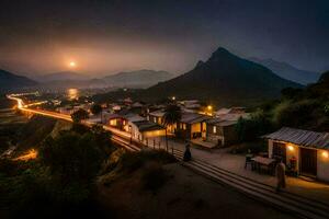 le lune monte plus de une village dans le montagnes. généré par ai photo