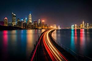 une longue exposition photographier de une ville horizon à nuit. généré par ai photo