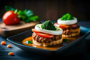 nourriture sur une assiette avec tomates et des œufs. généré par ai photo