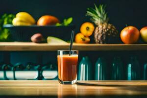 une verre de jus est assis sur une en bois tableau. généré par ai photo