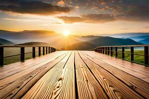 le Soleil monte plus de le montagnes et le pont est dans le milieu de le vallée. généré par ai photo