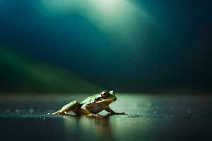 une grenouille séance sur le sol dans de face de une brillant lumière. généré par ai photo