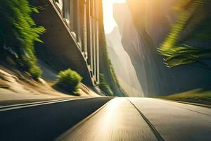 une voiture conduite vers le bas une route dans le montagnes. généré par ai photo