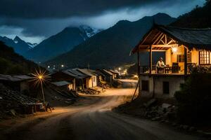 une village à nuit avec une Montagne dans le Contexte. généré par ai photo