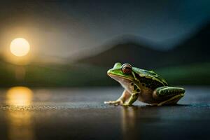 une grenouille séance sur le sol à nuit. généré par ai photo