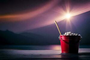 une seau de pop corn sur une en bois table avec une lumière brillant dans le Contexte. généré par ai photo