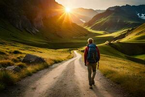 une homme avec une sac à dos en marchant vers le bas une saleté route dans le montagnes. généré par ai photo