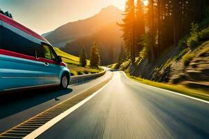 une rouge et bleu autobus conduite vers le bas une Montagne route. généré par ai photo