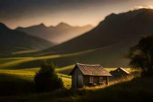 une petit cabine dans le milieu de une champ. généré par ai photo