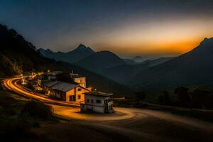 une route de premier plan à une village à le coucher du soleil. généré par ai photo