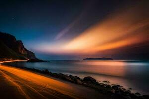 une longue exposition photographier de une plage à nuit. généré par ai photo