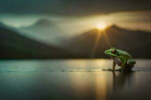 une grenouille séance sur le bord de une Lac à le coucher du soleil. généré par ai photo