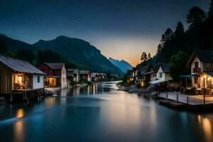 photo fond d'écran le ciel, montagnes, eau, Maisons, rivière, montagnes, lac, maison,. généré par ai