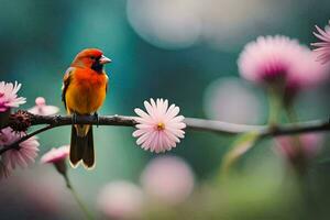 une coloré oiseau est assis sur une branche avec rose fleurs. généré par ai photo