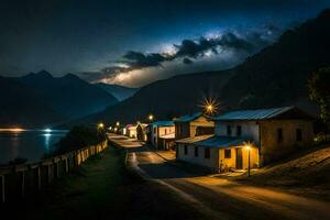 une nuit coup de une petit ville dans le montagnes. généré par ai photo