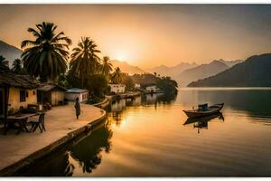 une bateau est amarré sur le l'eau à le coucher du soleil. généré par ai photo