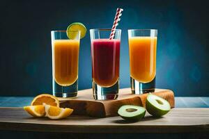 Trois des lunettes de jus avec tranches de Orange et Pomme. généré par ai photo