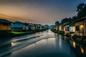 une rivière court par une village à le coucher du soleil. généré par ai photo