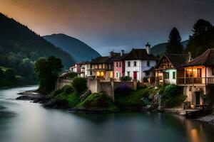 photo fond d'écran le ciel, rivière, montagnes, Maisons, le nuit, le rivière, le montagnes. généré par ai