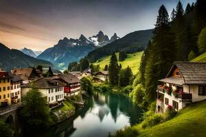 le village de Suisse est entouré par montagnes et une rivière. généré par ai photo