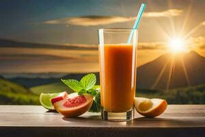 une verre de Orange jus avec tranches de fruit sur une tableau. généré par ai photo