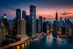 le Chicago horizon à le coucher du soleil. généré par ai photo