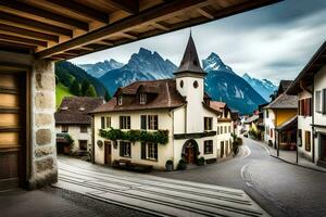 une rue dans le montagnes avec une église et montagnes dans le Contexte. généré par ai photo