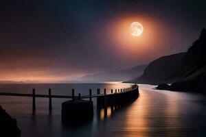 une jetée avec une lune plus de le l'eau. généré par ai photo