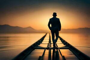 homme dans costume en marchant sur une longue en bois pont à le coucher du soleil. généré par ai photo