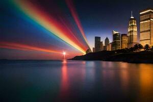 une arc en ciel faisceau est vu plus de une ville ligne d'horizon. généré par ai photo