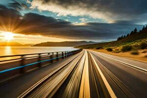 une voiture conduite sur une Autoroute à le coucher du soleil. généré par ai photo