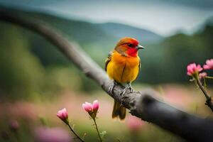 une oiseau séance sur une branche dans de face de rose fleurs. généré par ai photo