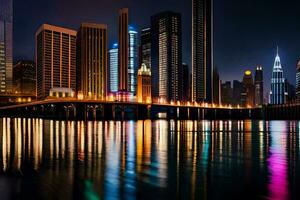 une ville horizon à nuit avec lumières reflétant dans le l'eau. généré par ai photo