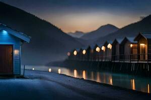 photo fond d'écran le ciel, montagnes, lac, brouillard, le nuit, le lac, le maison. généré par ai