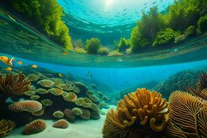 un sous-marin vue de corail récifs et poisson. généré par ai photo