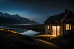 une petit cabine dans le milieu de une Lac à nuit. généré par ai photo