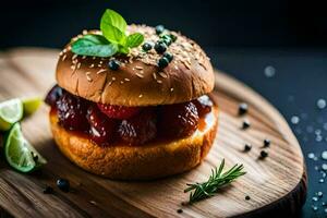 une Hamburger avec baies et herbes sur une en bois planche. généré par ai photo